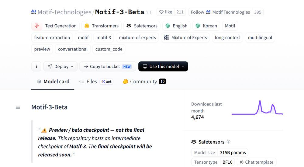 모티프테크놀로지스의 모티프-3는 현재 베타 버전으로 등록돼있다. 조만간 공식 버전이 출시될 전망이다 / 출처=허깅페이스