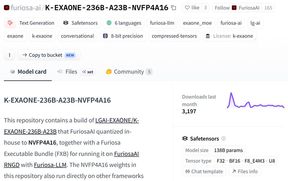 퓨리오사AI가 1세대 모델인 K-EXAONE-236B 모델을 자사의 AI 가속기인 RNGD(레니게이드)에서 NVFP4로 구동할 수 있는 모델을 허깅페이스에 업로드했다 / 출처=허깅페이스